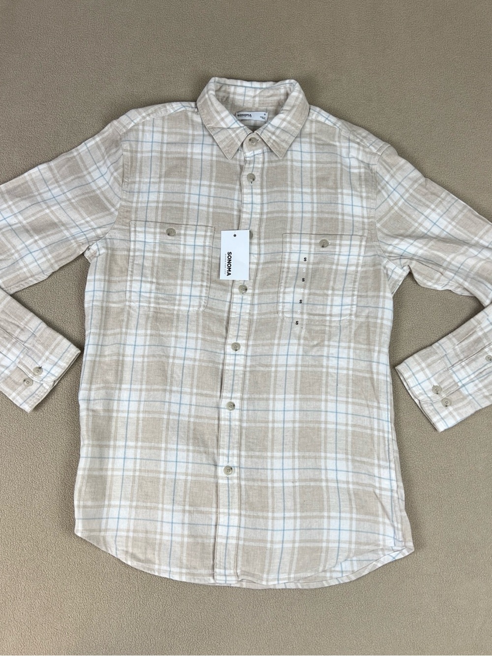 Sonoma The Supersoft Flannel Shirt. 100% Cotton, Beige. Men's Sz Small